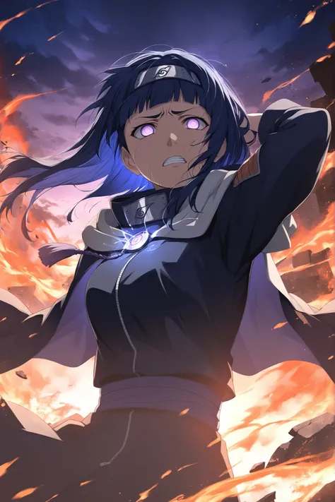 (masterpiece), (RAW 8K), (anime-real fusion), (cinematic lighting), (medium close-up), Hinata Hyuga from Naruto Shippuden, enraged expression, standing tall with fierce posture, her right hand gripping the neck of Pain (Yahiko Path), lifting him slightly o...