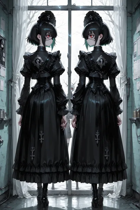 A sexy and charming girl in a broad black hat stands near a windbreak window,  Eye patch,Sniper Girl, 17th century clothing mixed with 21st century clothing, vulgar and vulgar second person, Psychosis, psychiatric abandoned hospital,  double personality , ...