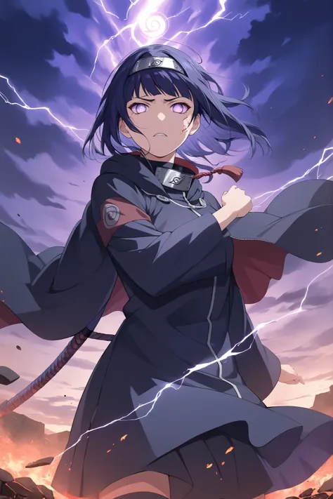 (masterpiece), (RAW 8K), (anime-real fusion), (ultra photorealistic), (medium close-up), Hinata Hyuga from Naruto Shippuden, standing still in a composed yet furious pose, head slightly tilted downward, intense expression with furrowed brows, pale lavender...