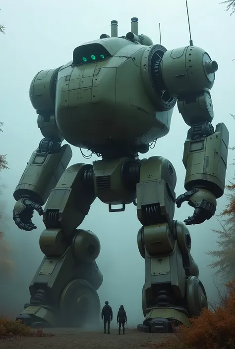military robot like a tank、(1.5)、(An intimidating feeling like a chariot:1.5),(wacky, perverted, and bizarre design without a head:1.5),(The dark, dark metallic body is rusted:1.5)、(Height50mRobot 1.tanding in the fog of the forest、creepy atmosphere,(You c...