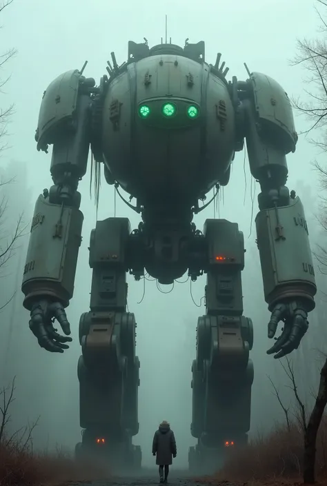 military robot like a tank、(1.5)、(An intimidating feeling like a chariot:1.5),(wacky, perverted, and bizarre design without a head:1.5),(The dark, dark metallic body is rusted:1.5)、(Height50mRobot 1.tanding in the fog of the forest、creepy atmosphere,(You c...