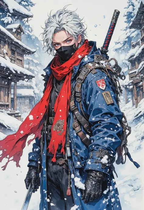 blue and silver-haired swordman wearing a black mask and vibrant red scarf, fullbody standing in the blizzard, in the style of Yusuke Kozaki, Japanese anime art