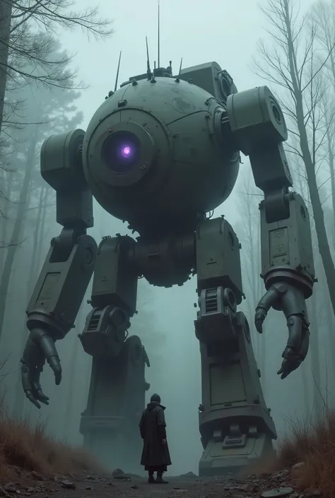 military robot like a tank、(1.5)、(An intimidating feeling like a chariot:1.5),(wacky, perverted, and bizarre design without a head:1.5),(The dark, dark metallic body is rusted:1.5)、(Height50mRobot 1.tanding in the fog of the forest、creepy atmosphere,(main ...