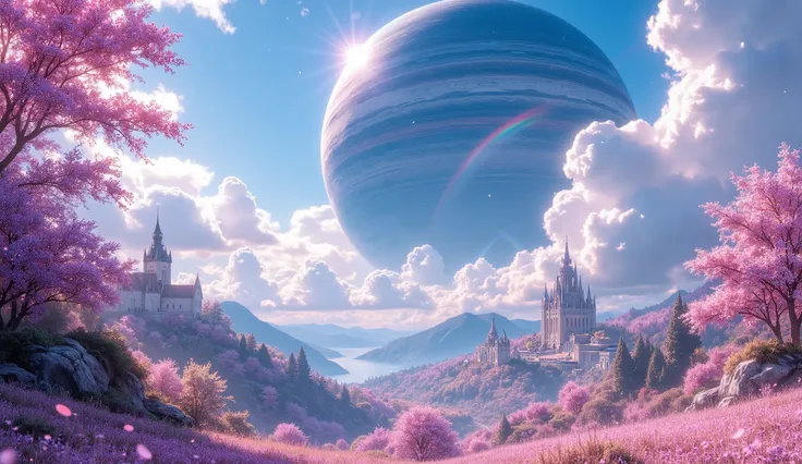 (( Astonishingly )),(Masterpiece:1.2),超High resolution, Attention to detail, high quality, High resolution, 最high quality, 4k, 8K、 very beautiful、fantasy landscape and heavenly、landscape、Sky blue and infinite pink、A rainbow appears、There are a lot of beaut...