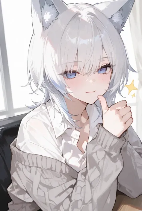 (masterpiece ,  Highest Quality ,  exquisite,8k,  absurd,  Ultra Precise Illustration ),(748cm style), white hair,Wolf Cut Hair,blue eyes、 thumbs up, white shirt, grey cardigan, 