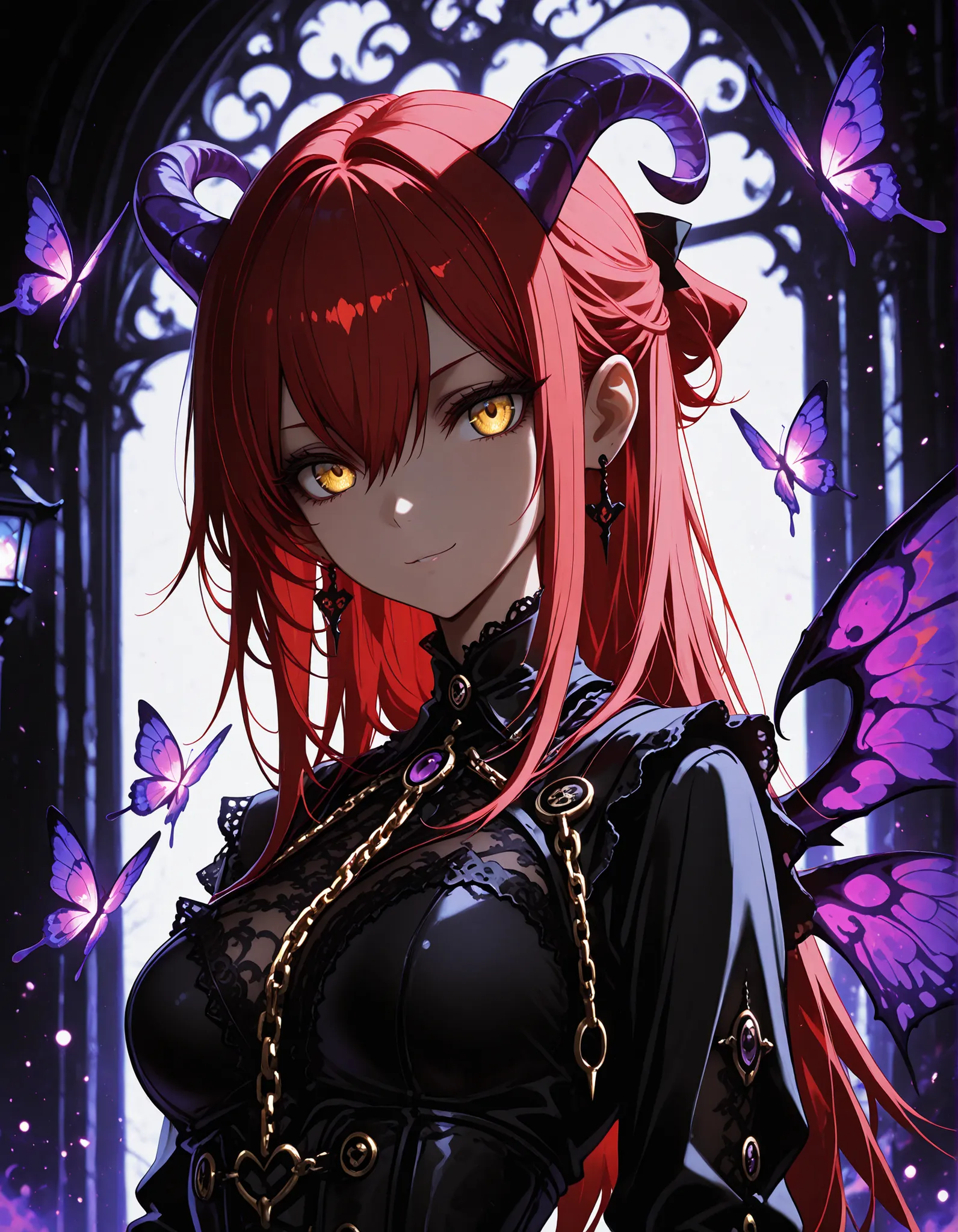 1 girl , golden eyes , very long hair , long sidelocks, red hair ,half updo, petite , very cute , beautiful ,Straight hair, cool, handsome, hair between eyes, sexy, medium breasts , gothic anime demon girl, purple horns, wearing a detailed black and viole...