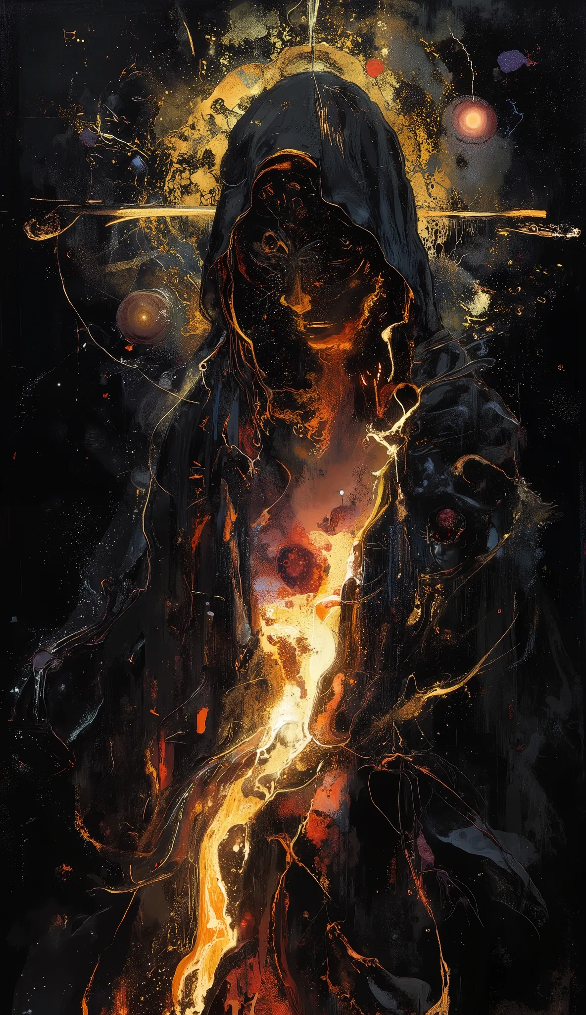 A mysterious silhouette, cloaked in a dark, flowing mantle, appears to crack and glow, revealing a molten, radiant core. Its serene, expressionless face is enhanced by a luminous halo of warm colors. The deep black background intensifies the striking contr...