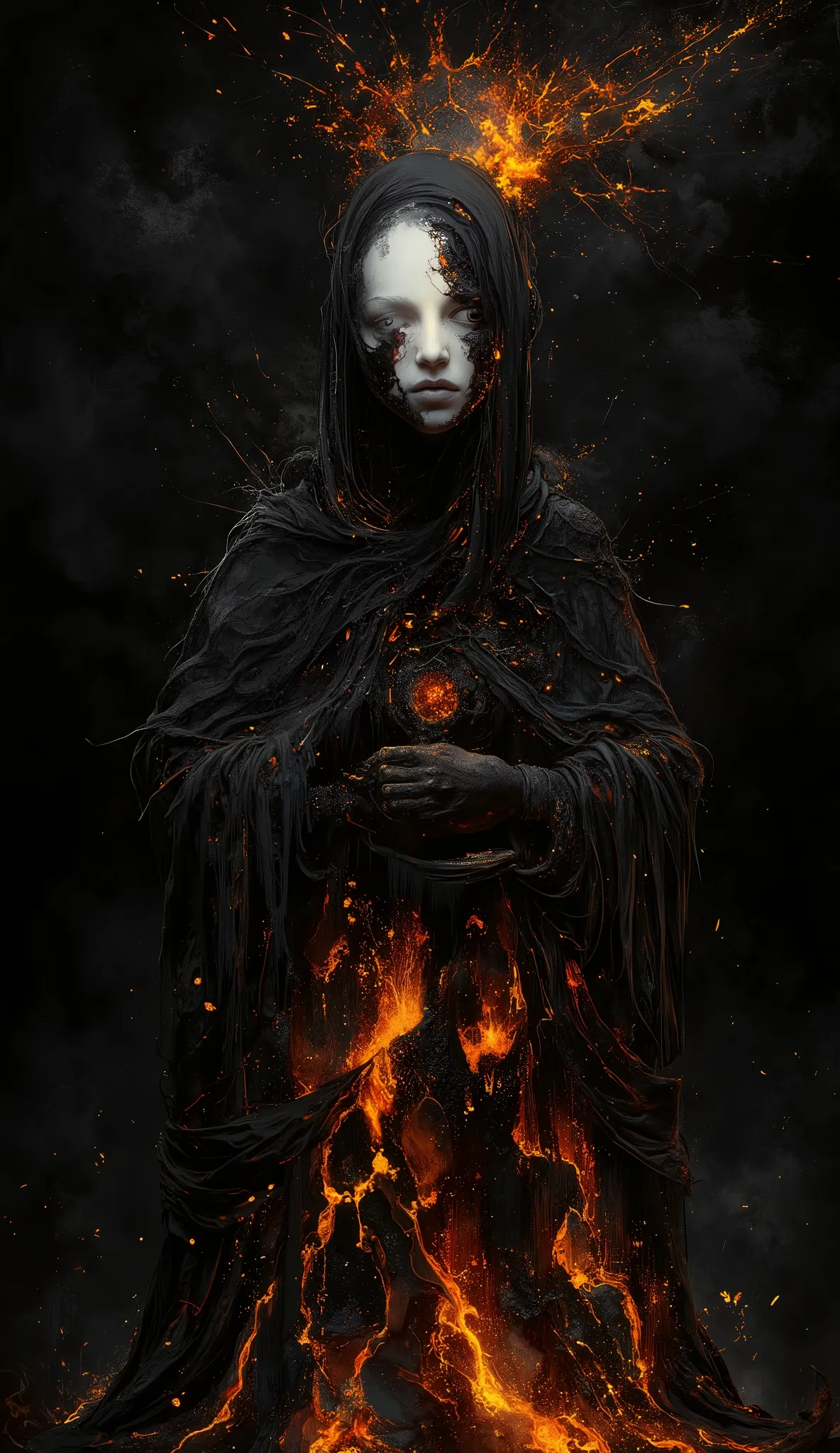 A mysterious silhouette, cloaked in a dark, flowing mantle, appears to crack and glow, revealing a molten, radiant core. Its serene, expressionless face is enhanced by a luminous halo of warm colors. The deep black background intensifies the striking contr...