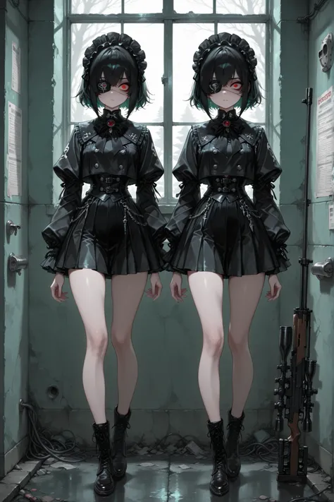 A sexy and charming girl in a broad black hat stands near a windbreak window,  Eye patch,Sniper Girl, 17th century clothing mixed with 21st century clothing, short skirt, vulgar and vulgar second person, Psychosis, psychiatric abandoned hospital,  double p...