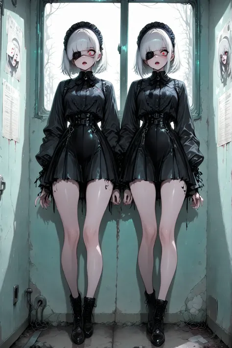 A sexy and charming girl in a broad black hat stands near a windbreak window,  Eye patch,Sniper Girl, 17th century clothing mixed with 21st century clothing, short skirt, vulgar and vulgar second person, Psychosis, psychiatric abandoned hospital,  double p...
