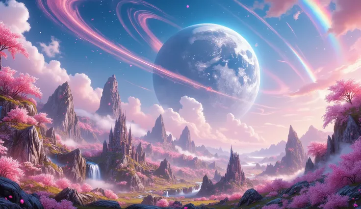 (( Astonishingly )),(Masterpiece:1.2),超High resolution, Attention to detail, high quality, High resolution, 最high quality, 4k, 8K、 very beautiful、fantasy landscape and heavenly、landscape、Sky blue and infinite pink、A rainbow appears、There are a lot of beaut...