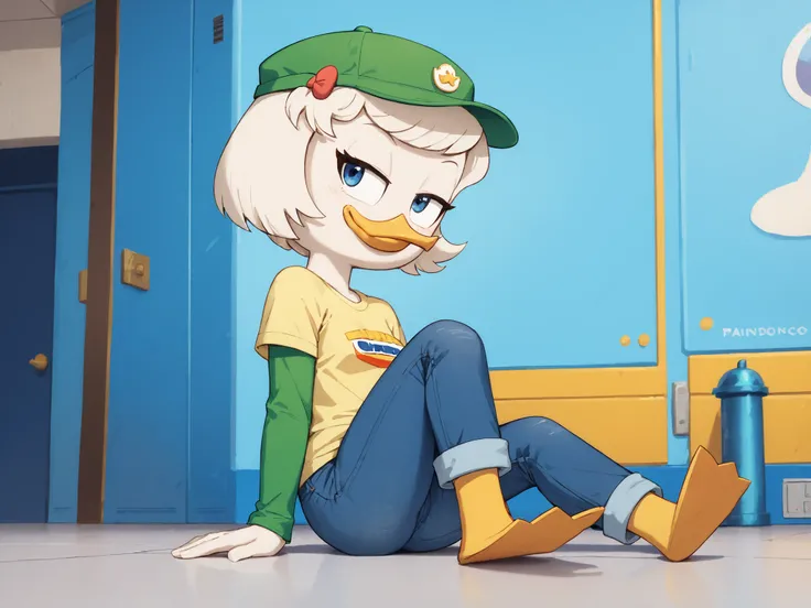Webby_Vanderquack, pato zooantropomorfo, Chanel white hair, olhos negros, yellow duck beak , white body covered by feathers, peitos grandes, pernas amarelas, duck feet, wearing yellow t-shirt with long green sleeves, wearing blue jeans , wearing green ca...