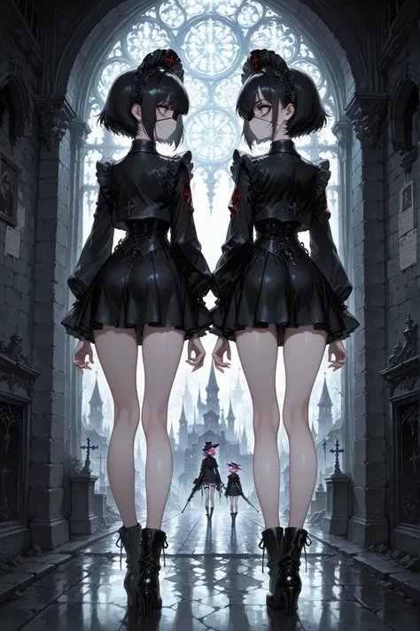 A sexy and charming girl in a wide black hat stands in the castle courtyard,  Eye patch,Sniper Girl, 17th century clothing mixed with 21st century clothing, short skirt, vulgar and vulgar second person, Psychosis, psychiatric abandoned hospital,  double pe...
