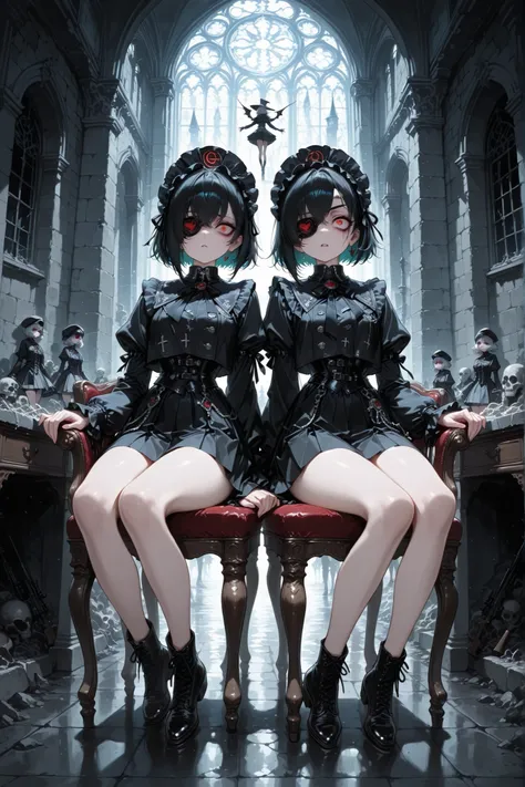 A sexy and charming girl in a wide black hat sits on a chair in the castle courtyard,  Eye patch,Sniper Girl, 17th century clothing mixed with 21st century clothing, short skirt, vulgar and vulgar second person, Psychosis, psychiatric abandoned hospital,  ...