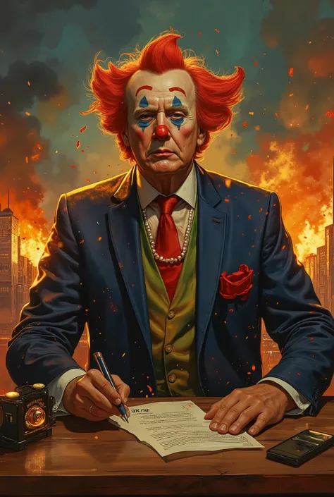 DONALD Trump, In clown costume, In the background a city on fire. she is sad. realistic style. Left hand is hovering above nuclear launch button. Right hand is signing paper deals. Dual identity.
