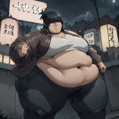 score_9, score_8_up, score_7_up,score_6_up, score_5_up, score_4_up , 1girl, solo, 
large breasts,
haylinDG,
split ponytail, long hair, bangs, hair over eyes, black hair, dark skin, smile
miniskirt,  jacket, choker, cropped jacket, full body
city, night, ne...