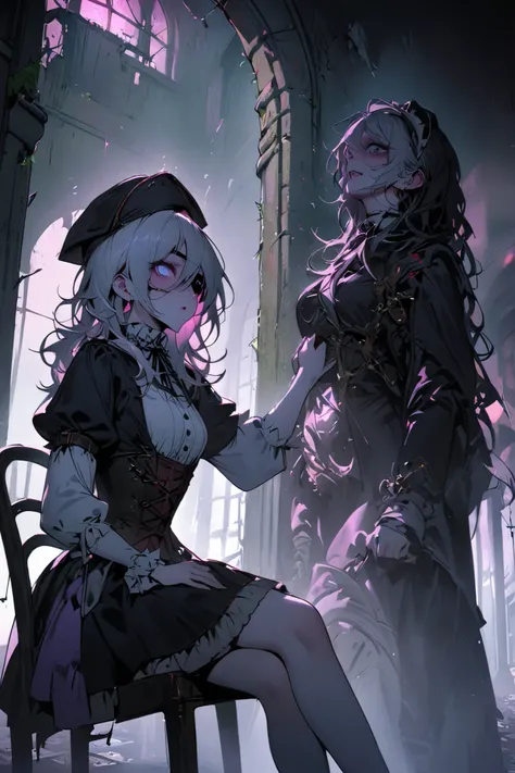 A sexy and charming girl in a wide black hat sits on a chair in the castle courtyard, Eye patch,Sniper Girl, 17th century clothing mixed with 21st century clothing, short skirt, vulgar and vulgar second person, Psychosis, psychiatric abandoned hospital, ...
