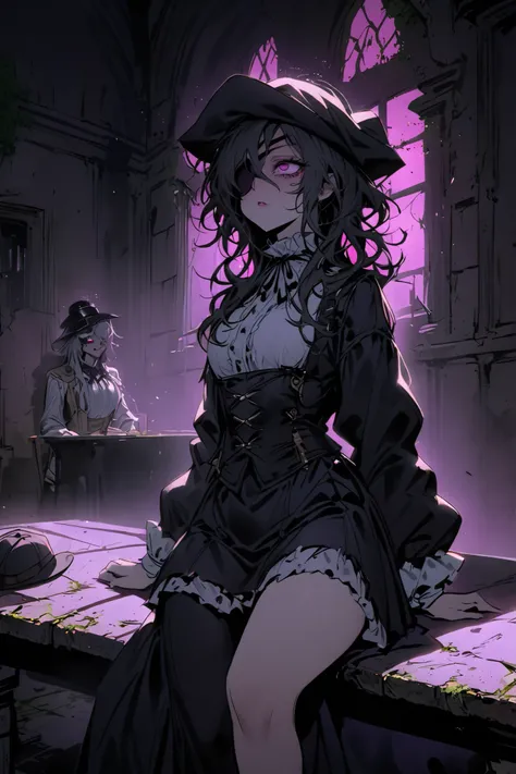 A sexy and charming girl in a wide black hat sits on a table in the castle courtyard,  Eye patch,Sniper Girl, 17th century clothing mixed with 21st century clothing, short skirt, vulgar and vulgar second person, Psychosis, psychiatric abandoned hospital,  ...