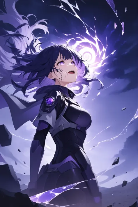 (masterpiece), (RAW 8K), (anime-real fusion), (ultra photorealistic), medium shot, dramatic contrast lighting, slight upward angle. Hinata Hyuga in her Voidwalker form, captured in the middle of a maniacal laugh. Head tilted slightly back, mouth wide open ...