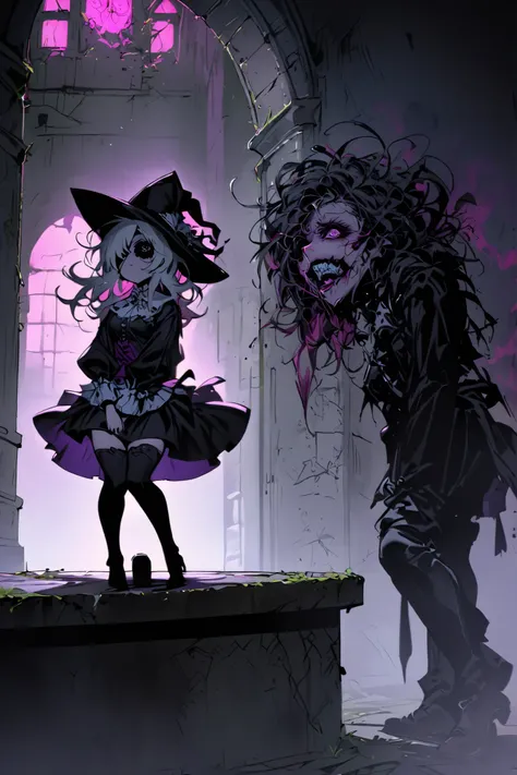A sexy and charming girl in a wide black hat sits on a table in the castle courtyard, Eye patch,Sniper Girl, 17th century clothing mixed with 21st century clothing, short skirt, vulgar and vulgar second person, Psychosis, psychiatric abandoned hospital, ...