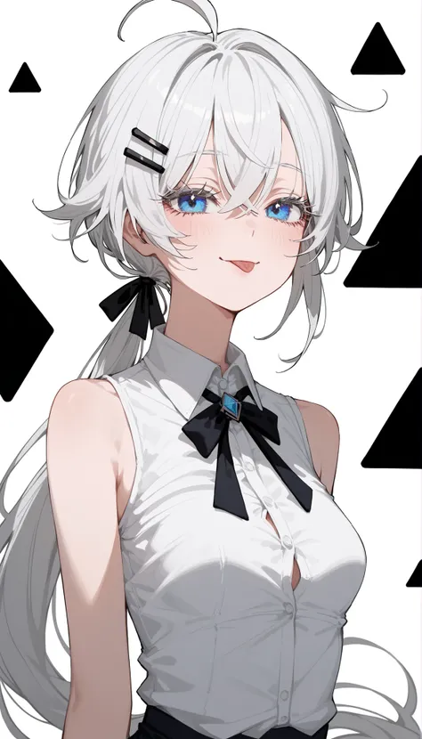 girl,In blue eyes,,, small breasts,Milf,,long hair,Black Hairpin,long hair,,slim,white hair,, Tomboy ,TRIANGLE COLOR BACKGROUND,Long Eyelashes,, small breasts, Ahoge ,, Sleeveless Top,buttoned shirt,Collared dress,Long dress , Arm stocking,White Shirt, whi...