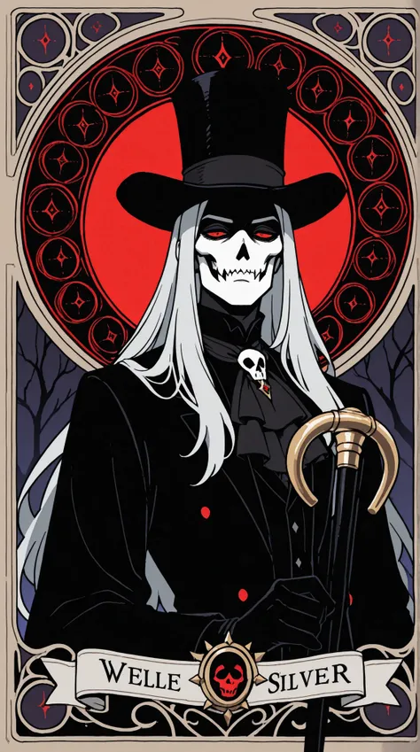 1boy, adult male, a highly stylized, intricately detailed, portrait of a gothic vampire lord, adorned with long, flowy silver hair that cascades down their back like a river of moonlight, topped with a majestic top hat, showcasing an exquisite art nouveau...