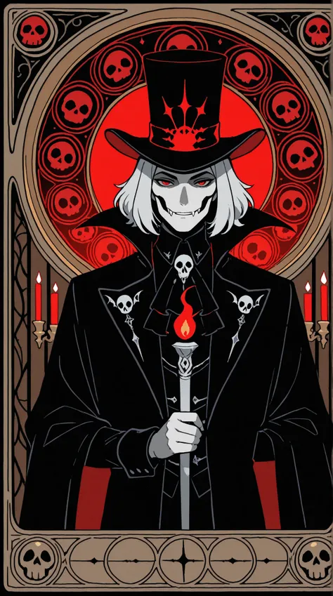 1boy, adult male, a highly stylized, intricately detailed, portrait of a gothic vampire lord, adorned with long, flowy silver hair that cascades down their back like a river of moonlight, topped with a majestic top hat, showcasing an exquisite art nouveau...