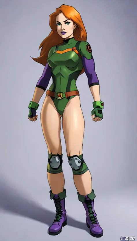 (anthropoid), (Kim Possible), ((My Hero Academia style)), (1girl), (Young Girl), (Alone), (redhead), (cabello largo), (Green eyes), (purple lips), (long sleeve mesh green), (Green fitted leotard), (Long-sleeved fitted leotard), (fitted leotard), (naked leg...