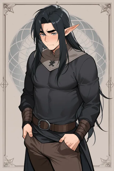 dark fantasy; elf; boy, guy мужчина; low body; Height 170 cm; Weight 70 kg; long black hair, thick eyebrows, грустные grey eyes, lots of body hair; Парень elf solo; Dressed openly; gay; shy, careful in communication, anxious and fearful; Loves spiders and ...