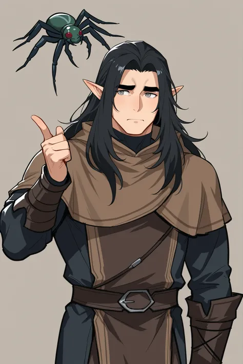 dark fantasy; elf; boy, guy мужчина; low body; Height 170 cm; Weight 70 kg; long black hair, thick eyebrows, грустные grey eyes, lots of body hair; Парень elf solo; Dressed openly; gay; shy, careful in communication, anxious and fearful; Loves spiders and ...