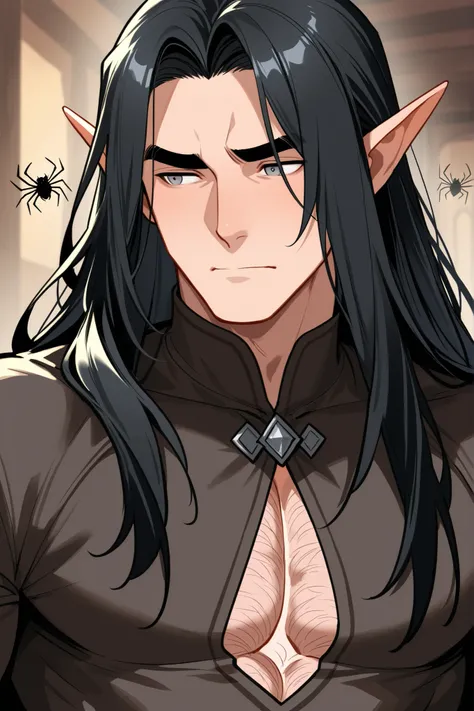 dark fantasy; elf; boy, guy мужчина; low body; Height 170 cm; Weight 70 kg; long black hair, thick eyebrows, грустные grey eyes, lots of body hair; Парень elf solo; Dressed openly; gay; shy, careful in communication, anxious and fearful; Loves spiders and ...
