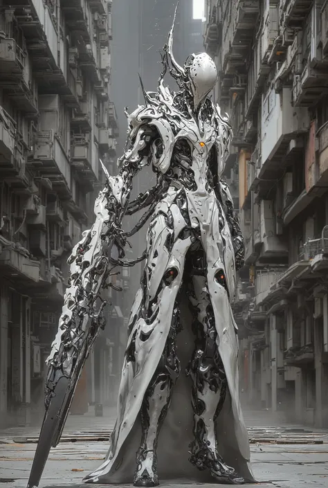 A futuristic figure in armor walks in the middle of a complex architectural urban landscape. The figure, apparently a cyborg warrior or operative, is clad in intricate white ceramic armor, displaying detailed plating. The design of the armor is complex and...