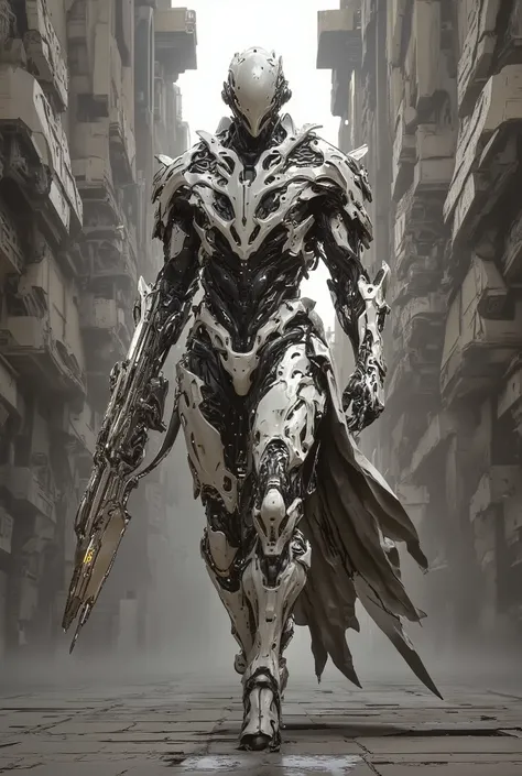A futuristic figure in armor walks in the middle of a complex architectural urban landscape. The figure, apparently a cyborg warrior or operative, is clad in intricate white ceramic armor, displaying detailed plating. The design of the armor is complex and...