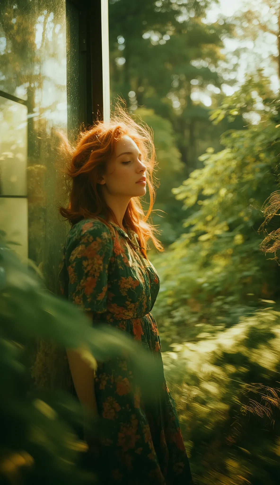 Portrait of a beautiful red-haired woman with soft waves, leaning closely against a transparent glass panel in a dreamy forest. She wears a flowing green floral dress. Cinematic shallow depth of field, surreal motion blur around her, glowing soft ambient l...