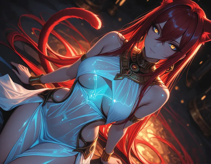 ancient egyptian, oasis in background, 1girl, golden eyes, red hair, very long hair, straight hair, long sidelocks, hair between eyes, medium breasts, petite, very cute, beautiful, cool, handsome,  cat tail, cat ears, Side cutout,  golden earings, curvy, u...