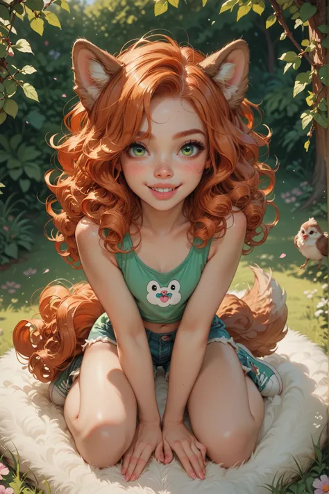 sexy and cute girl, long ginger curly hair, big green eyes, pink cute lips, buck teeth, freckles, white wolf ears and tail, short rainbow clothes, hottie body, full body