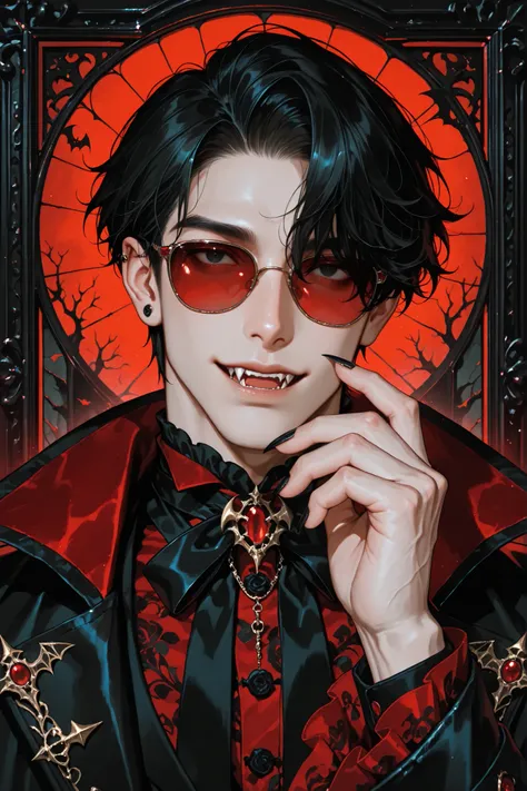 1boy, adult male, digital portrait of a fashionable anime male vampire with black hair, fangs, and goth clothing; his black eyes are hidden behind red sunglasses, his nails are long and clear, his accessories are ornate and detailed, dramatic, stylized w...