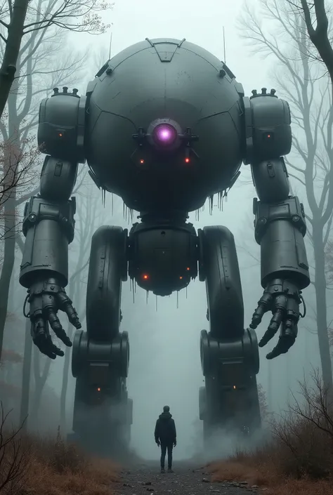 military robot like a tank、(1.5)、(An intimidating feeling like a chariot:1.5),(wacky, perverted, and bizarre design without a head:1.5),(The dark, dark metallic body is rusted:1.5)、(Height50mRobot 1.tanding in the fog of the forest、(A robot with a very cre...