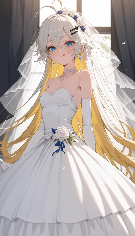 girl,In blue eyes,,, small breasts,Milf,,long hair,Black Hairpin,long hair,,slim,white hair,, Tomboy ,Long Eyelashes,, small breasts, Ahoge ,Long dress , Arm stocking,white shirt, white shirt ,ribbon,,Slender hair,ribbonยาว,Gown set,Yellow hair ends,Two to...