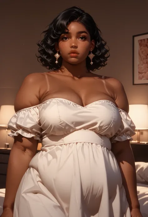 Anime illustration semi-realism of large chubby fat feminine woman, (((chubby))), (((fat))), (((plus sized))), (((chubby face))), (((fat face))), short neck, (((brown skin))), (((brown skinned))), (((dark skin))), (((tanned))), (((tan skin))), (((medium br...
