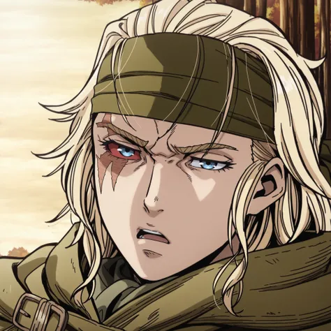 score_9, score_8_up, score_7_up, source_anime, intricate details, (anime screencap, flat shadows, 2d:1.2) perfect eyes, detailed eyes, detailed face, detailed background, forest, portrait, Vinlandsagastyle-IL.V1.0, green bandana, serious, talking, slightly...