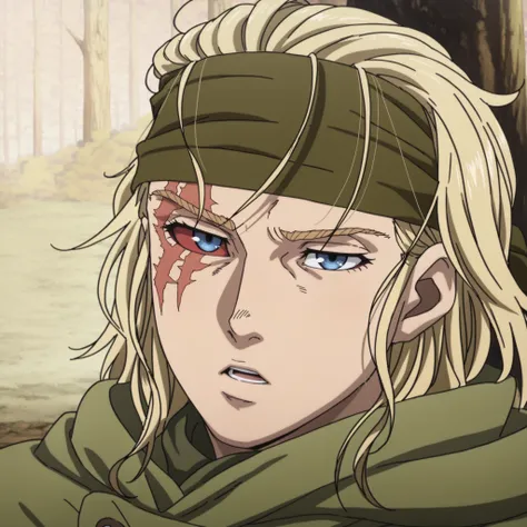 score_9, score_8_up, score_7_up, source_anime, intricate details, (anime screencap, flat shadows, 2d:1.2) perfect eyes, detailed eyes, detailed face, detailed background, forest, portrait, Vinlandsagastyle-IL.V1.0, green bandana, serious, talking, slightly...