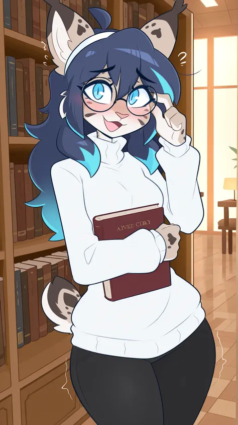 masterpiece, best quality, amazing quality, very aesthetic, high resolution, ultra-detailed, absurdres, newest, scenery, 1girl, lynx, furry female, blue eyes, blue hair (cyan highlights), messy hair, long hair, (19-year-old girl), open mouth, looking at th...