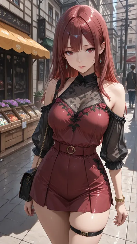 cinematic, (masterpiece), (best quality), (ultra-detailed), very aesthetic, illustration, realistic illustration, perfect composition, intricate details, absurdres, detailed face, (anime, masterpiece, intricate:1.3), (best quality, hires textures, high detail:1.2), (4k),(incredibly detailed:1.4),detailed eyes, iris,realistic shadow, harajuku fashion,curvy, The latest in cute fashion, cowboy shot,dark (red tops:1.1),black see-through around neck,(black bottoms with flower printing) , bangles,at main shopping street , Stylish shoulder bag,break ,(Thigh strap),break,a flower printing at bottoms 