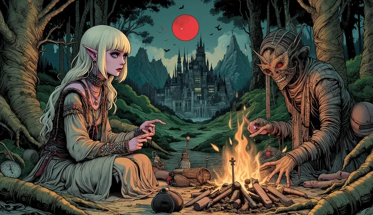 (A fusion of Ukiyo-e and dark fantasy. Aesthetic and gothic digital art. Illustrations are drawn from the perspective of looking up diagonally from the ground.) BREAK 
(White hair. Blunt bangs. White eyebrows. Long white eyelashes. Almond-shaped eyes. Lave...
