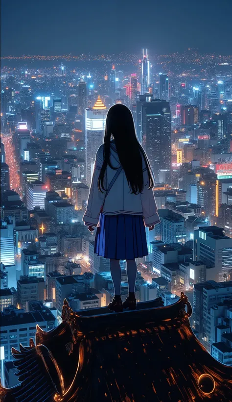 live-action、Genuine、 The cityscape of Osaka taken from a high place with a fisheye lens、It looks like a small planet、Osaka Castle、Night view with lights、A cute and beautiful Japanese girl is standing on top of a tower 、uniform、 viewers