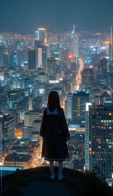 live-action、Genuine、 The cityscape of Osaka taken from a high place with a fisheye lens、It looks like a small planet、Osaka Castle、Night view with lights、A cute and beautiful Japanese girl is standing on top of a tower 、uniform、 viewers