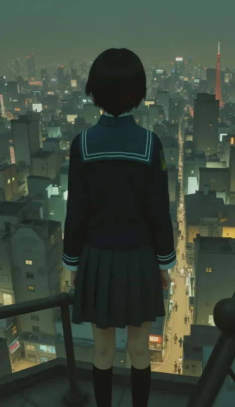 live-action、Genuine、 The cityscape of Osaka taken from a high place with a fisheye lens、It looks like a small planet、Osaka Castle、Night view with lights、A cute and beautiful Japanese girl is standing on top of a tower 、uniform、 viewers