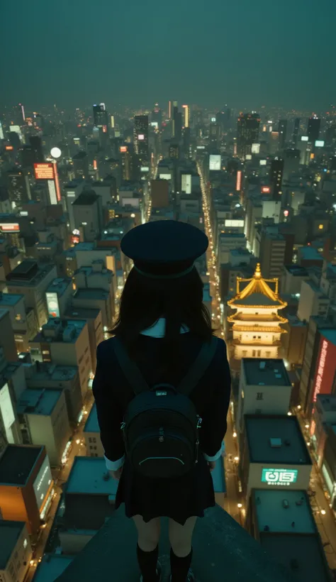 live-action、Genuine、 The cityscape of Osaka taken from a high place with a fisheye lens、It looks like a small planet、Osaka Castle、Night view with lights、A cute and beautiful Japanese girl is standing on top of a tower 、uniform、 viewers