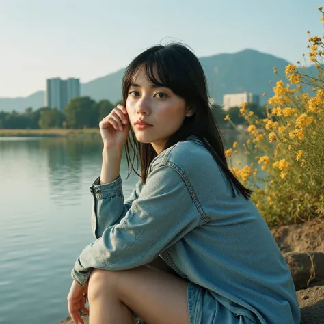 A contemplative young woman sits quietly by the edge of a shallow river, dressed in an oversized light blue denim jacket. Her long, natural dark hair flows gently in the breeze, with soft bangs framing her calm, introspective face. She leans slightly forwa...